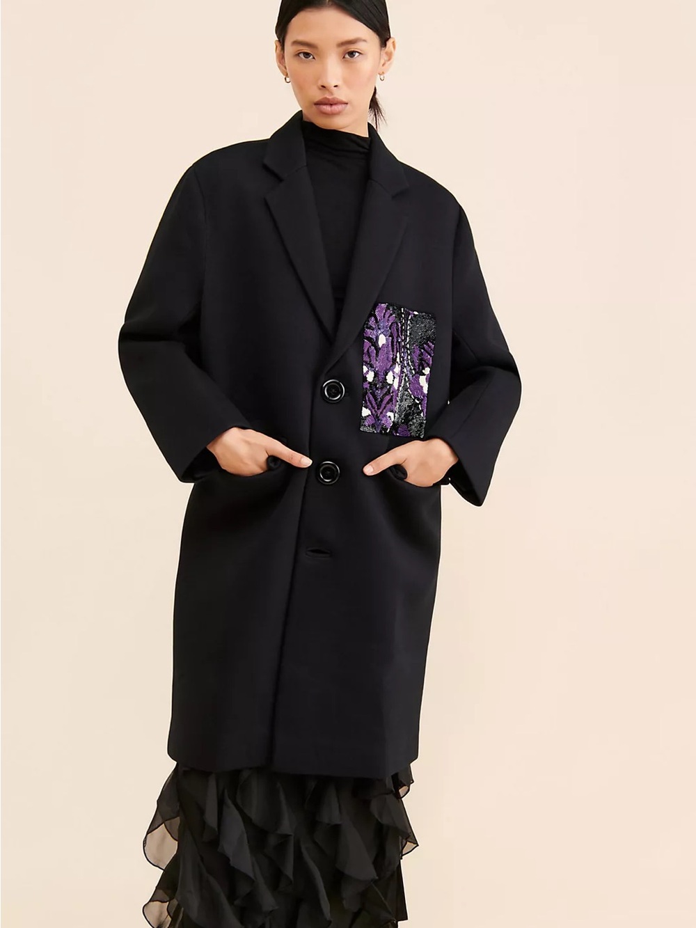 Dhruv Kapoor Black Cocoon Trench Coat with Purple Sequin Embellishment SZ S